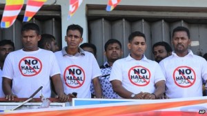 Members of Bodu Bala Sena wear anti-halal t-shirts at the rally in Maharagama, Colombo, on 17/2/13