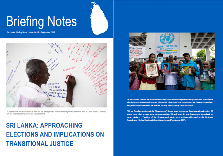 Sri Lanka  Briefing Note No 16 : Approaching Elections and Implications for the Transitional justice