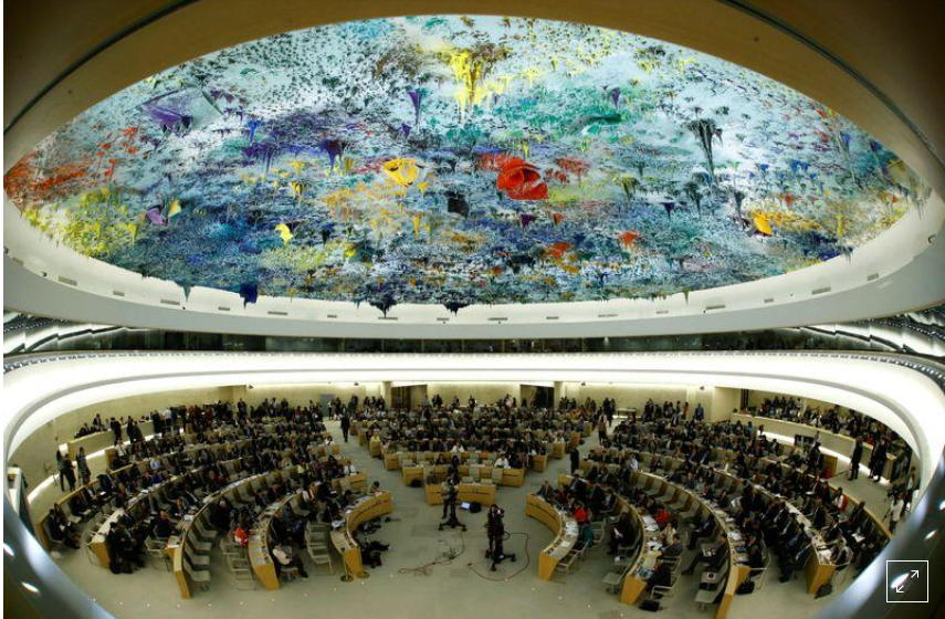 Overview of the United Nations Human Rights Council is seen in Geneva, Switzerland June 6, 2017. Picture taken with a fisheye lens. REUTERS/Denis Balibouse
