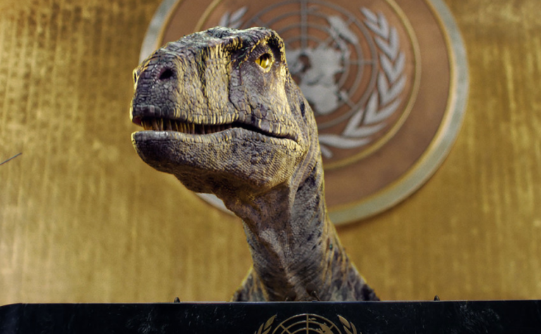 A gate crushing  dinosaur urges UN General assembly: ‘don’t choose extinction’